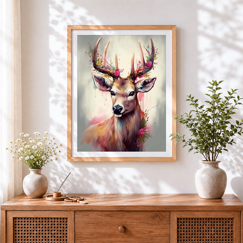 Finished pastel rose floral deer cross stitch artwork displayed