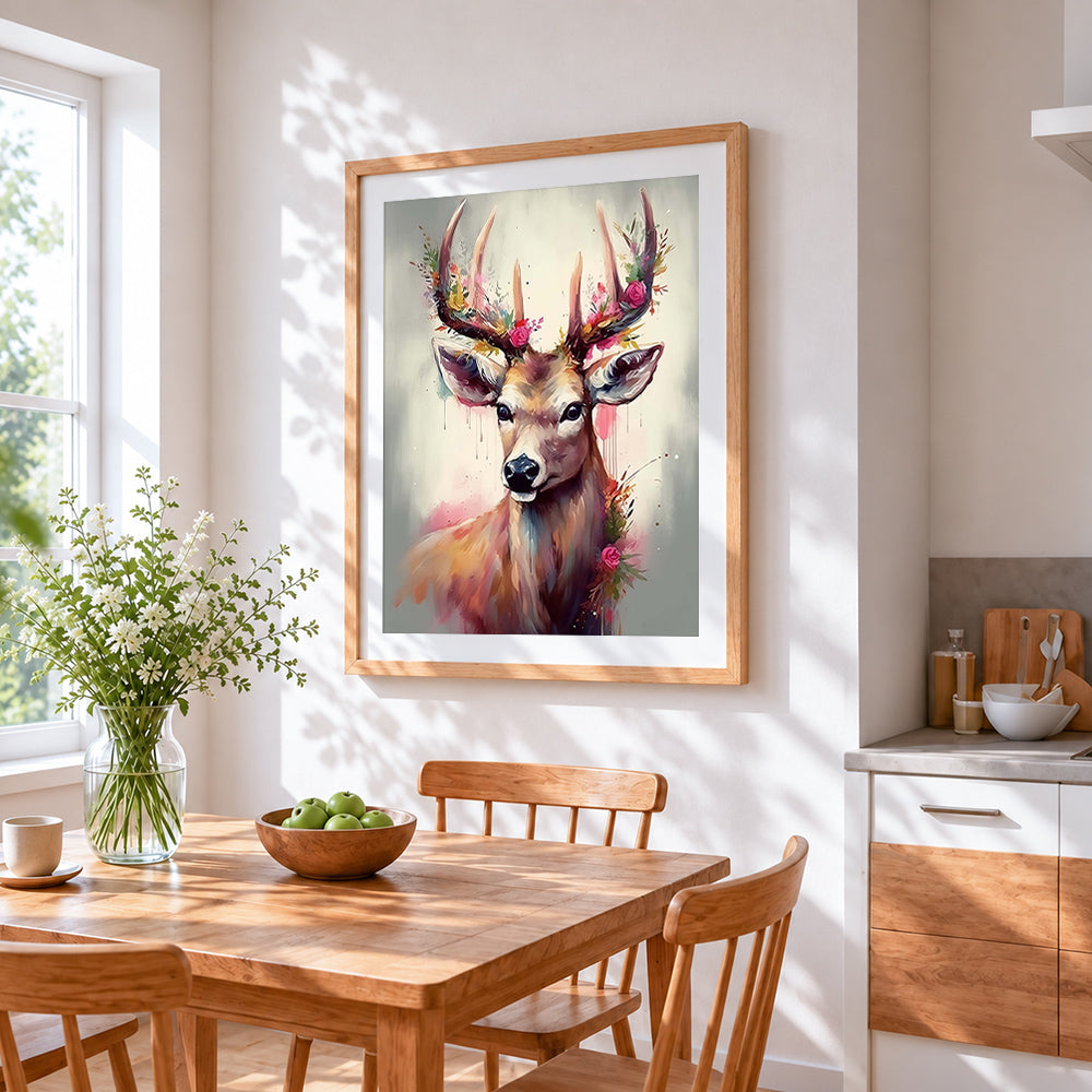 Pastel rose floral deer cross stitch artwork displayed on wall as home decor