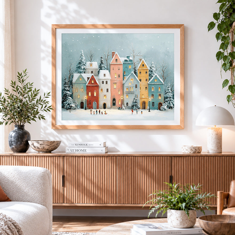 Finished pastel snowy houses paint by numbers artwork displayed as home decor
