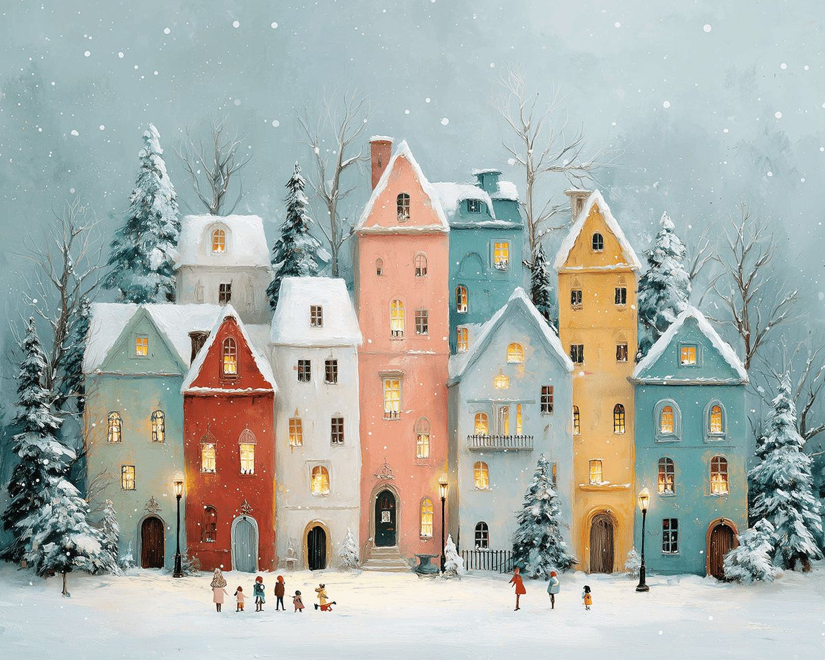 Pastel snowy houses paint by numbers kit for beginners