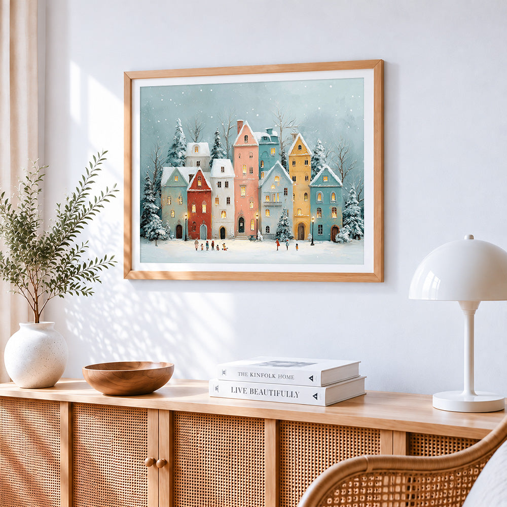 Pastel snowy houses paint by numbers artwork displayed on wall as home decor