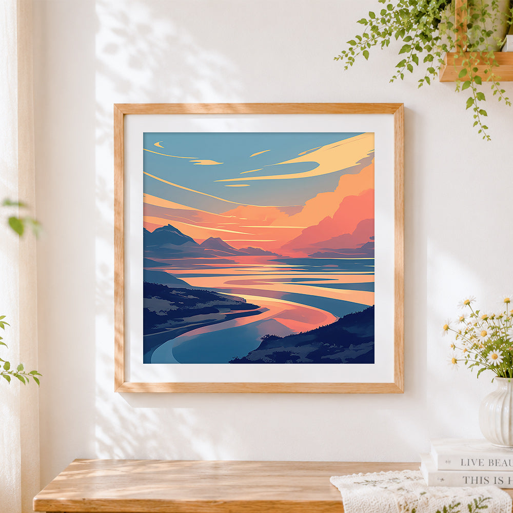 Finished pastel sunset over winding river cross stitch artwork displayed