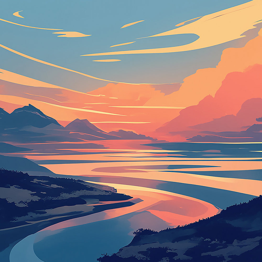 Pastel sunset over winding river cross stitch kit for beginners