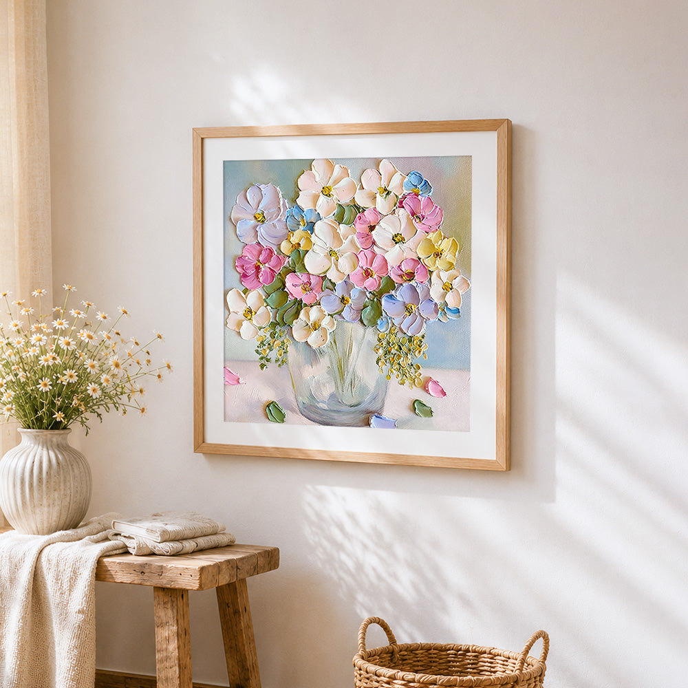 Pastel textured flowers cross stitch artwork displayed on wall as home decor