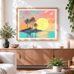 Finished pastel tropical island sunset cross stitch artwork displayed