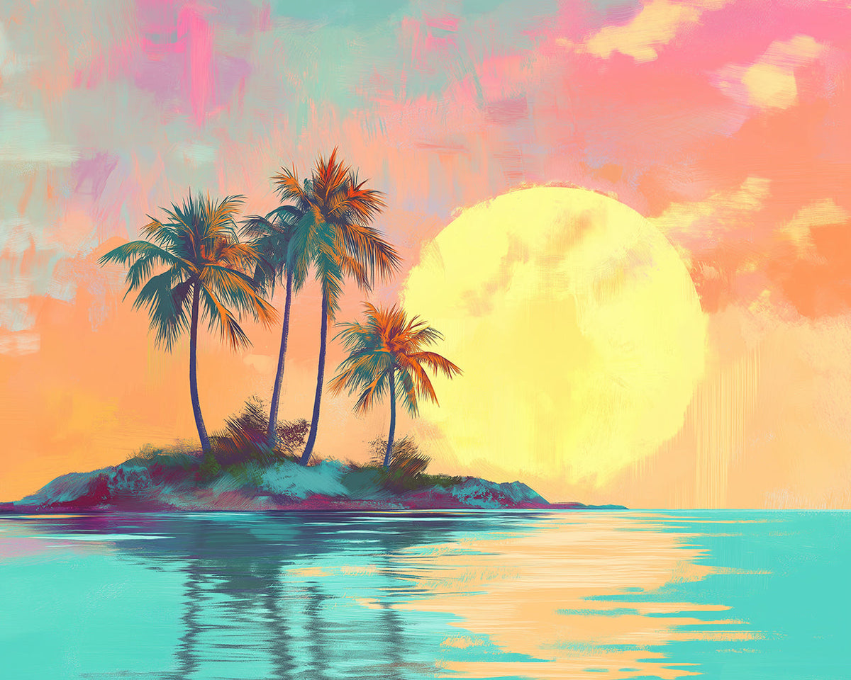 Pastel tropical island sunset cross stitch kit for beginners