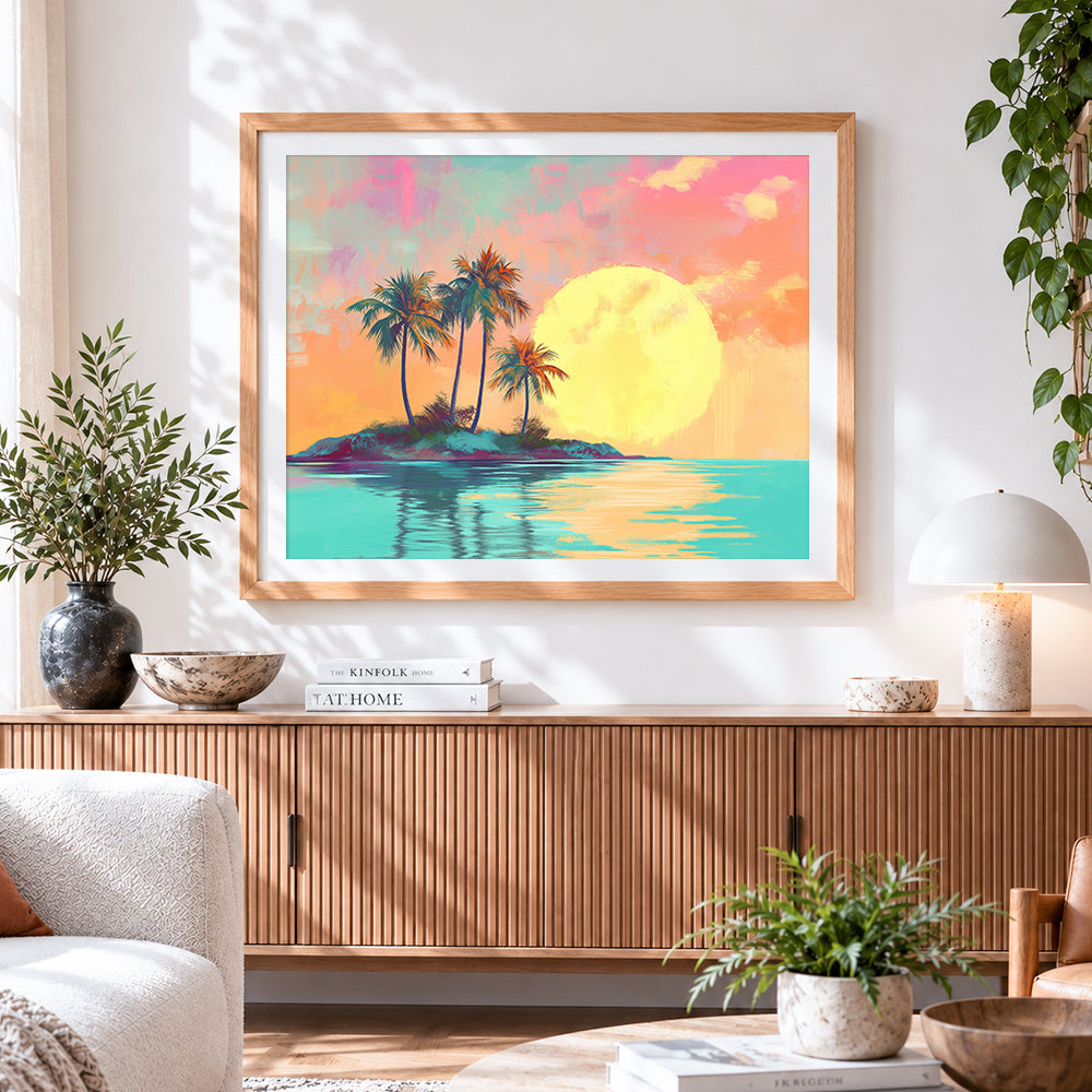 Finished pastel tropical island sunset paint by numbers artwork displayed as home decor