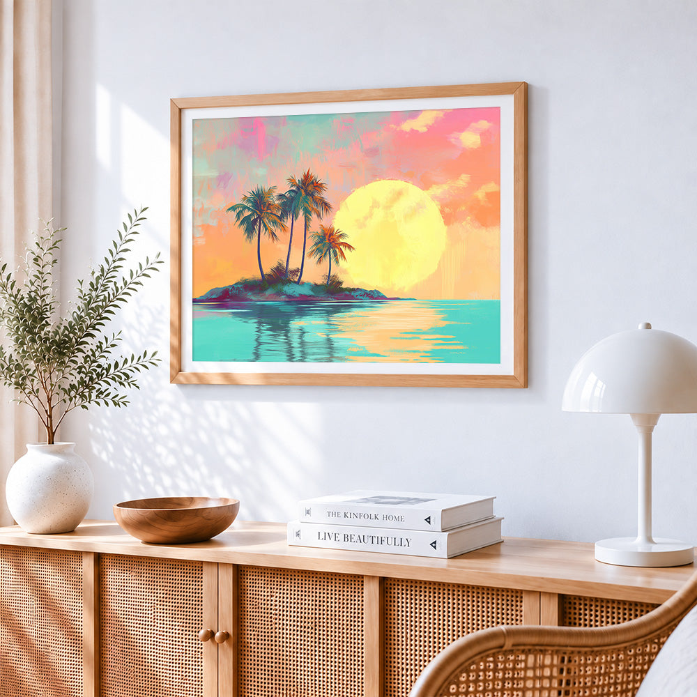 Pastel tropical island sunset paint by numbers artwork displayed on wall as home decor