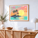 Pastel tropical island sunset paint by numbers artwork displayed on wall as home decor