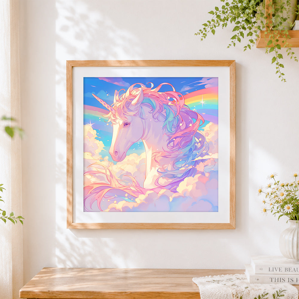 Finished pastel unicorn in the clouds cross stitch artwork displayed