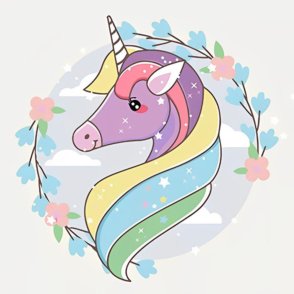 Pastel unicorn portrait with floral wreath cross stitch kit for beginners