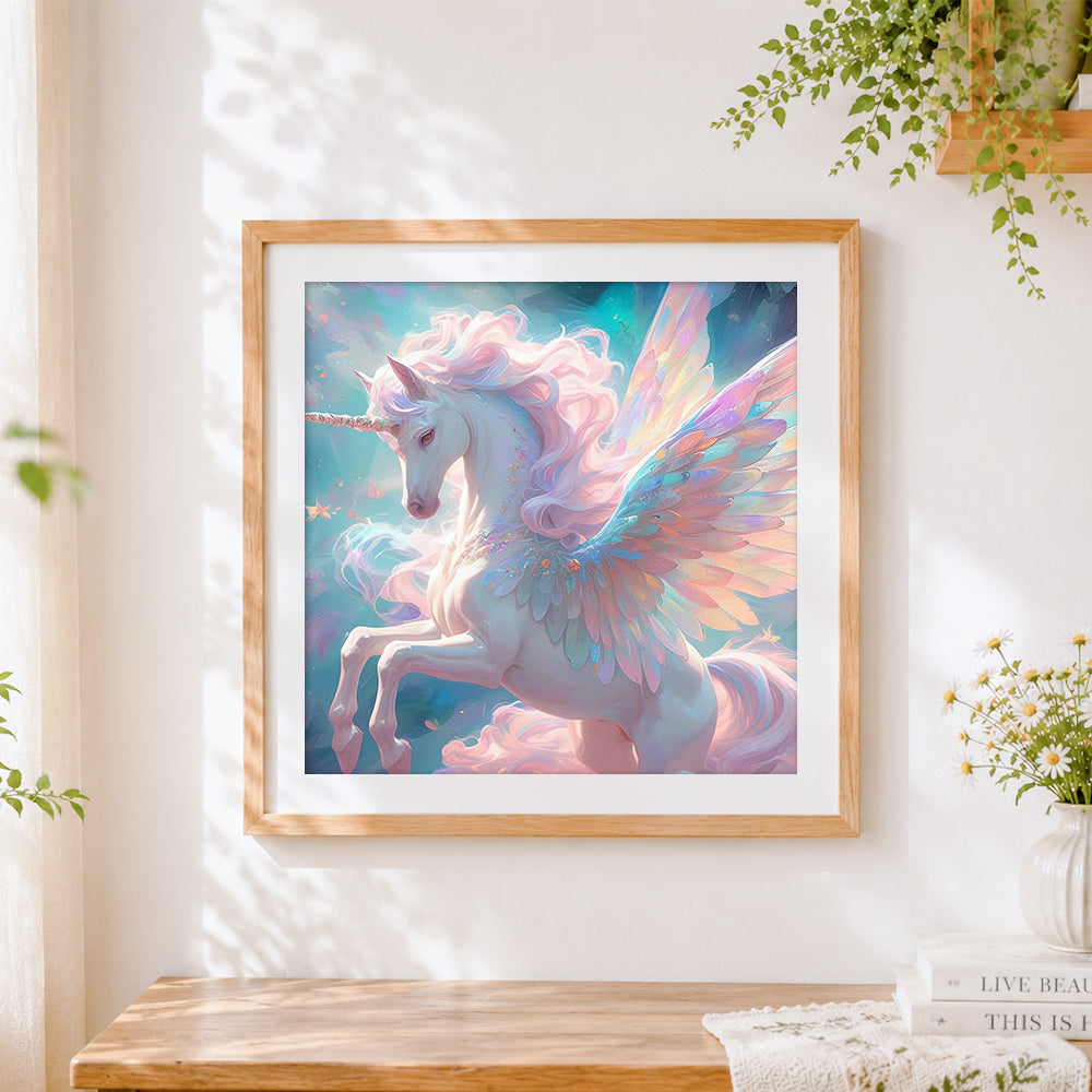 Finished pastel winged unicorn cross stitch artwork displayed