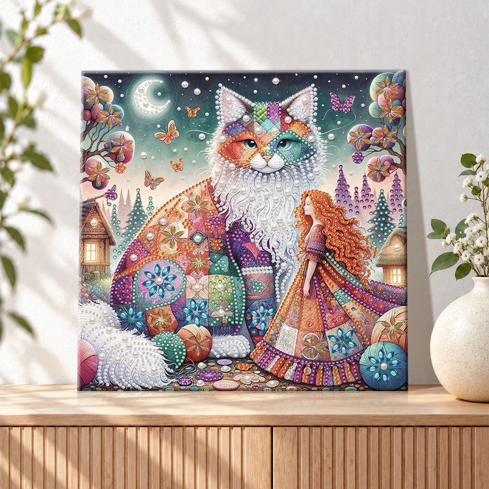 Finished patchwork fantasy cat pearl diamond painting artwork displayed as holiday home decor
