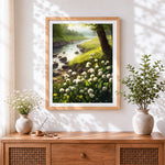 Finished peaceful river and dandelions cross stitch artwork displayed