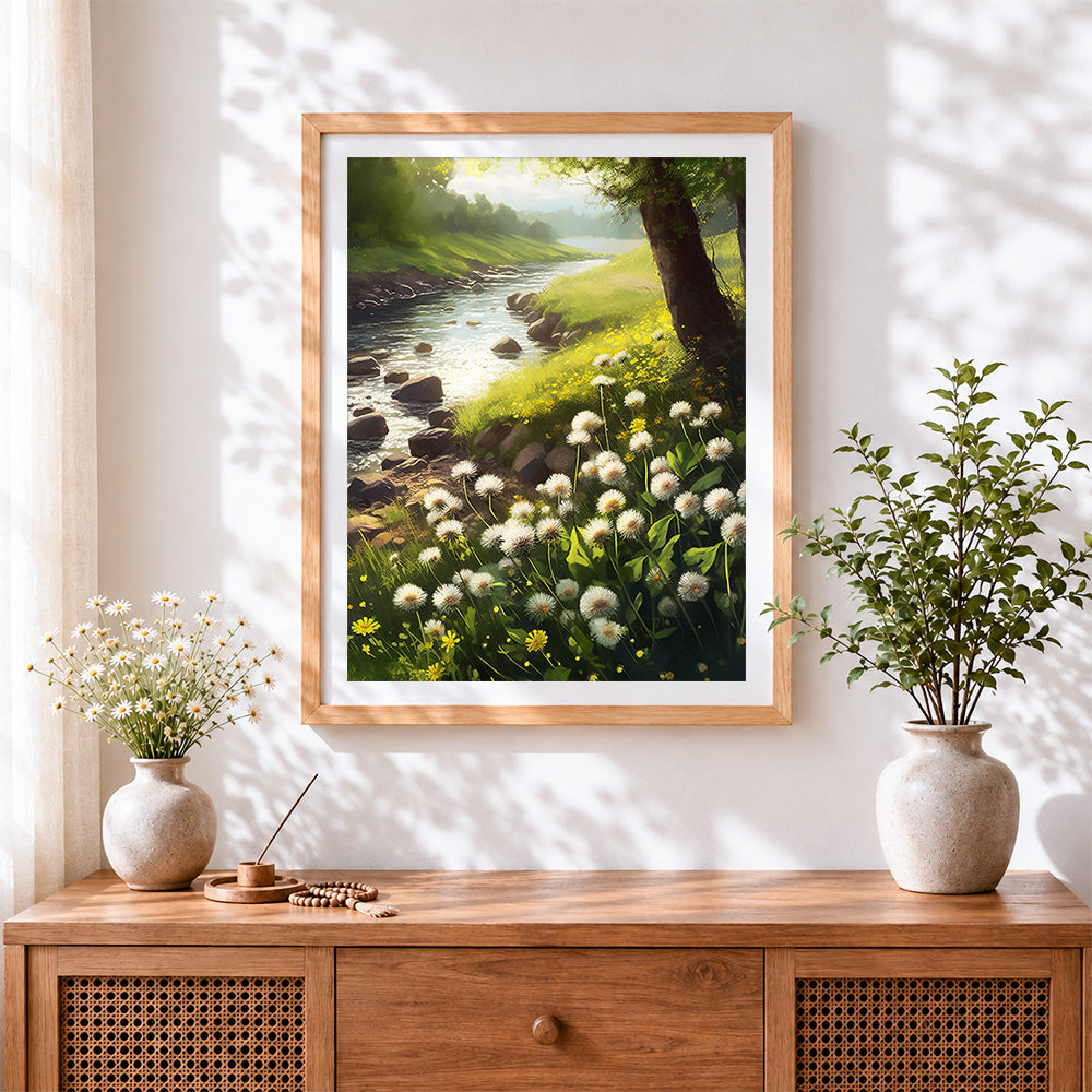 Finished peaceful river and dandelions cross stitch artwork displayed