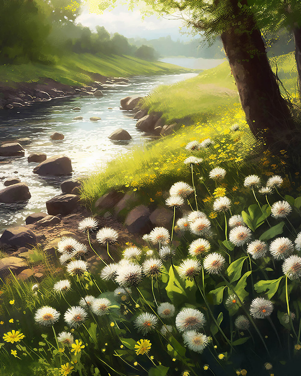 Peaceful river and dandelions cross stitch kit for beginners
