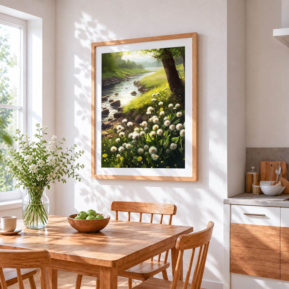 Peaceful river and dandelions cross stitch artwork displayed on wall as home decor
