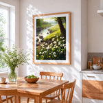 Peaceful river and dandelions cross stitch artwork displayed on wall as home decor