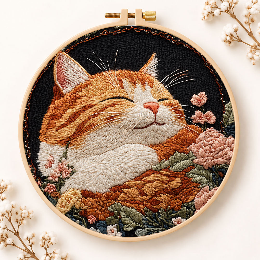 Peaceful sleeping tabby cat embroidery kit