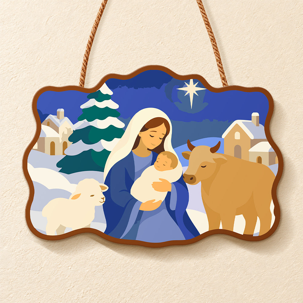 Peaceful winter nativity paint by numbers door hanger finished design
