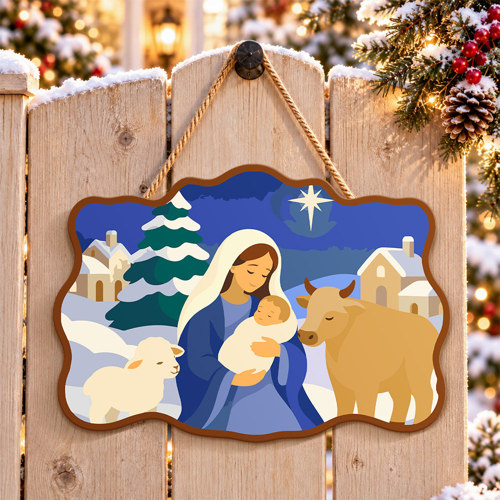 Peaceful winter nativity paint by numbers door hanger on a garden gate
