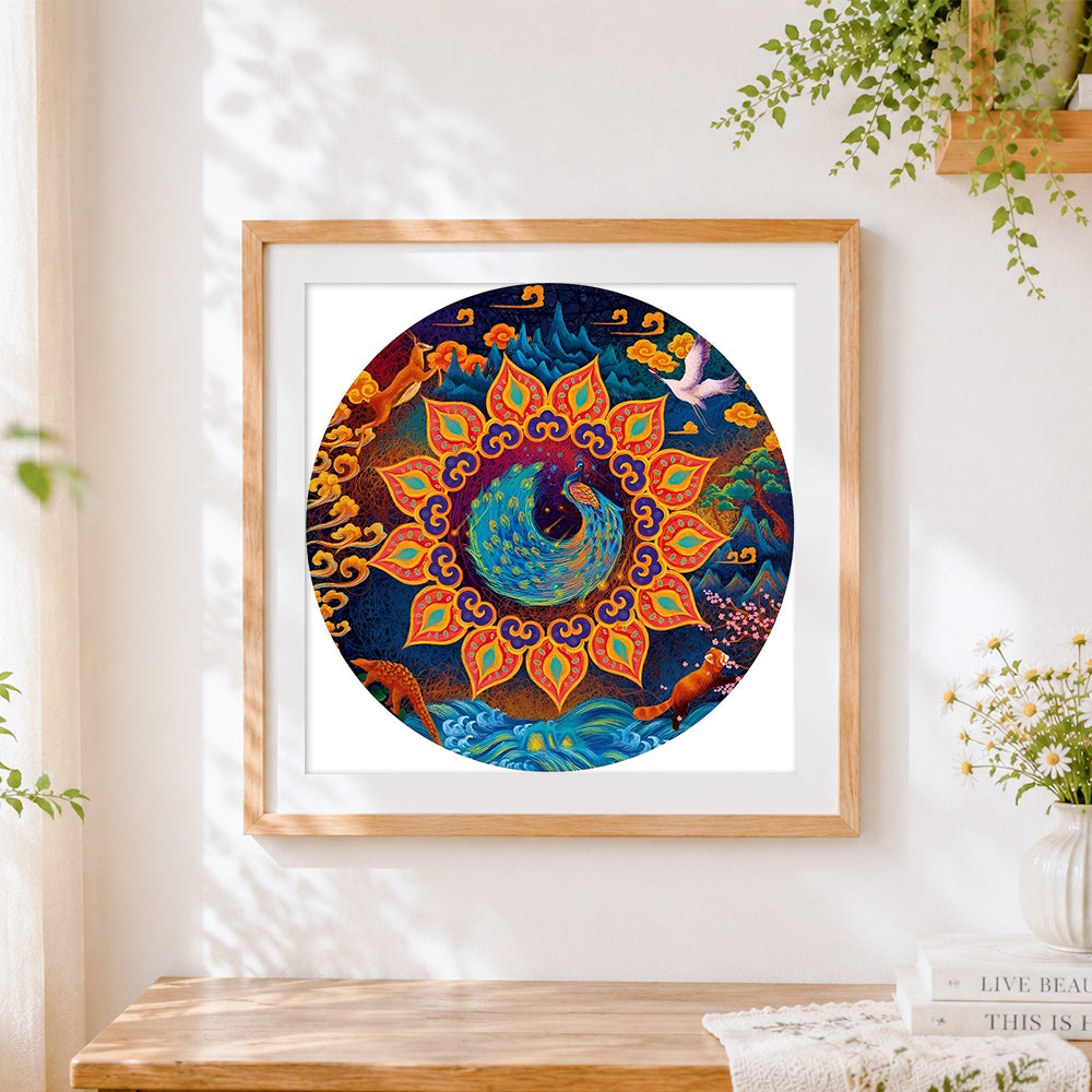 Finished peacock and lotus mandala cross stitch artwork displayed