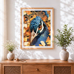 Finished peacock close-up in autumn leaves cross stitch artwork displayed