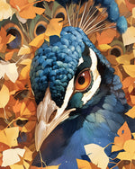 Peacock close-up in autumn leaves cross stitch kit for beginners