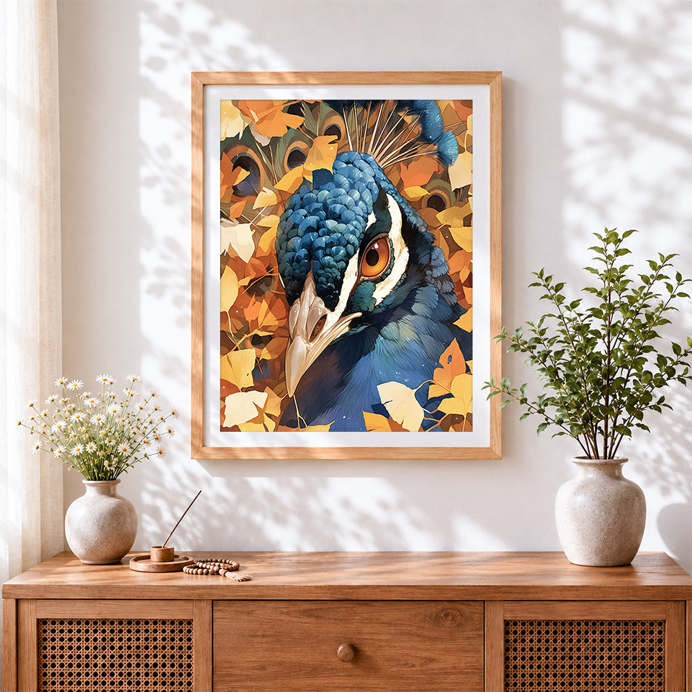 Finished peacock close up in autumn leaves paint by numbers artwork displayed as home decor