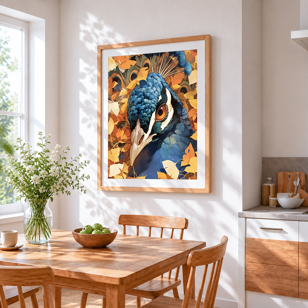 Peacock close up in autumn leaves paint by numbers artwork displayed on wall as home decor
