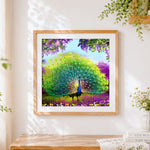 Finished peacock in a field of purple flowers cross stitch artwork displayed