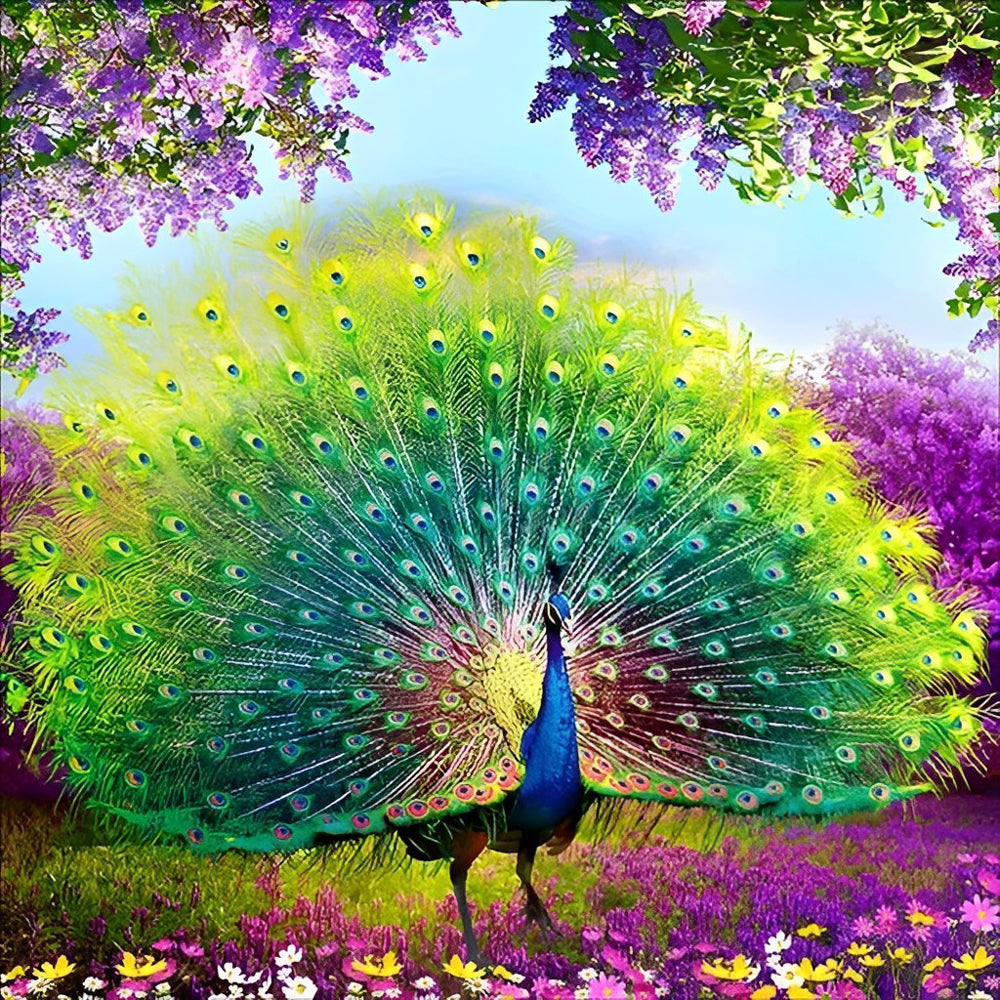 Peacock in a field of purple flowers cross stitch kit for beginners