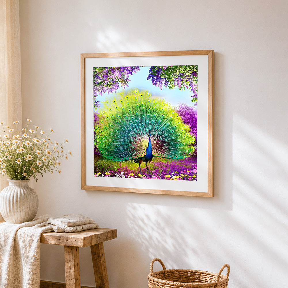 Peacock in a field of purple flowers cross stitch artwork displayed on wall as home decor