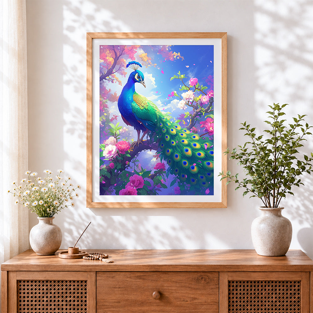 Finished peacock in flower tree cross stitch artwork displayed