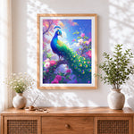 Finished peacock in flower tree cross stitch artwork displayed