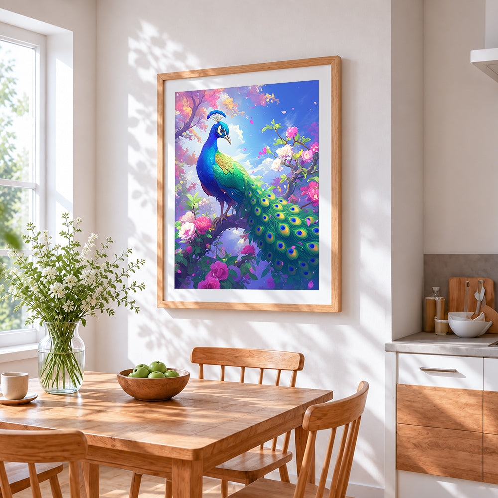 Peacock in flower tree cross stitch artwork displayed on wall as home decor