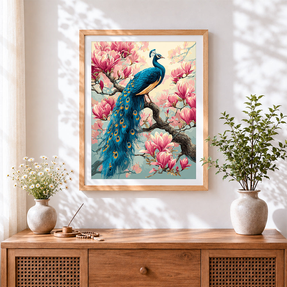Finished peacock on pink magnolia branch paint by numbers artwork displayed as home decor