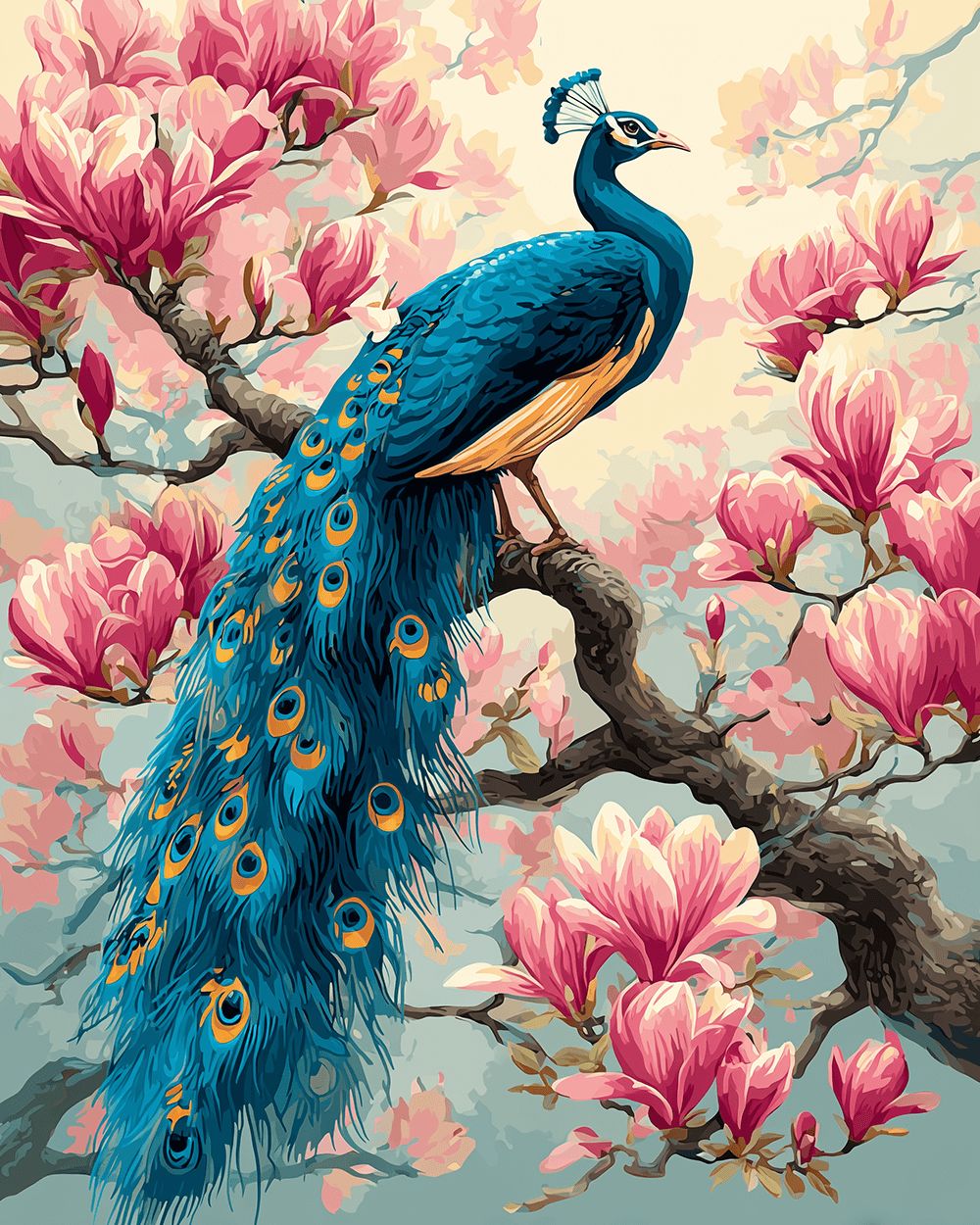 Peacock on pink magnolia branch paint by numbers kit for beginners