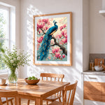 Peacock on pink magnolia branch paint by numbers artwork displayed on wall as home decor