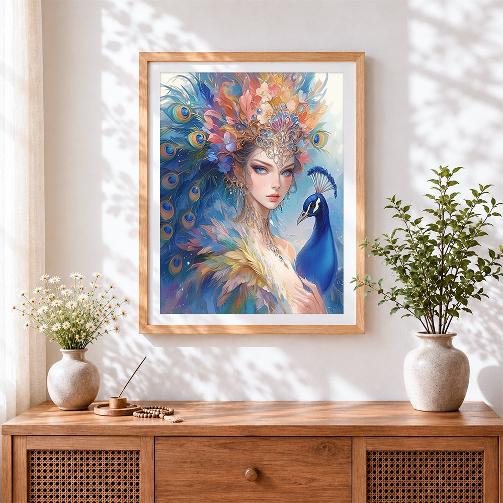 Finished peacock queen with blue eyes cross stitch artwork displayed