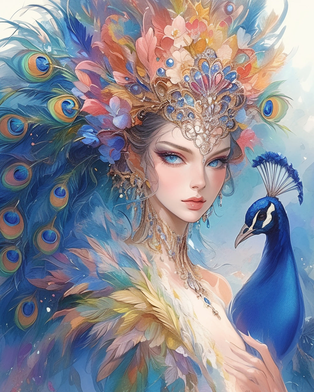 Peacock queen with blue eyes cross stitch kit for beginners