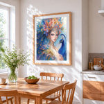 Peacock queen with blue eyes cross stitch artwork displayed on wall as home decor