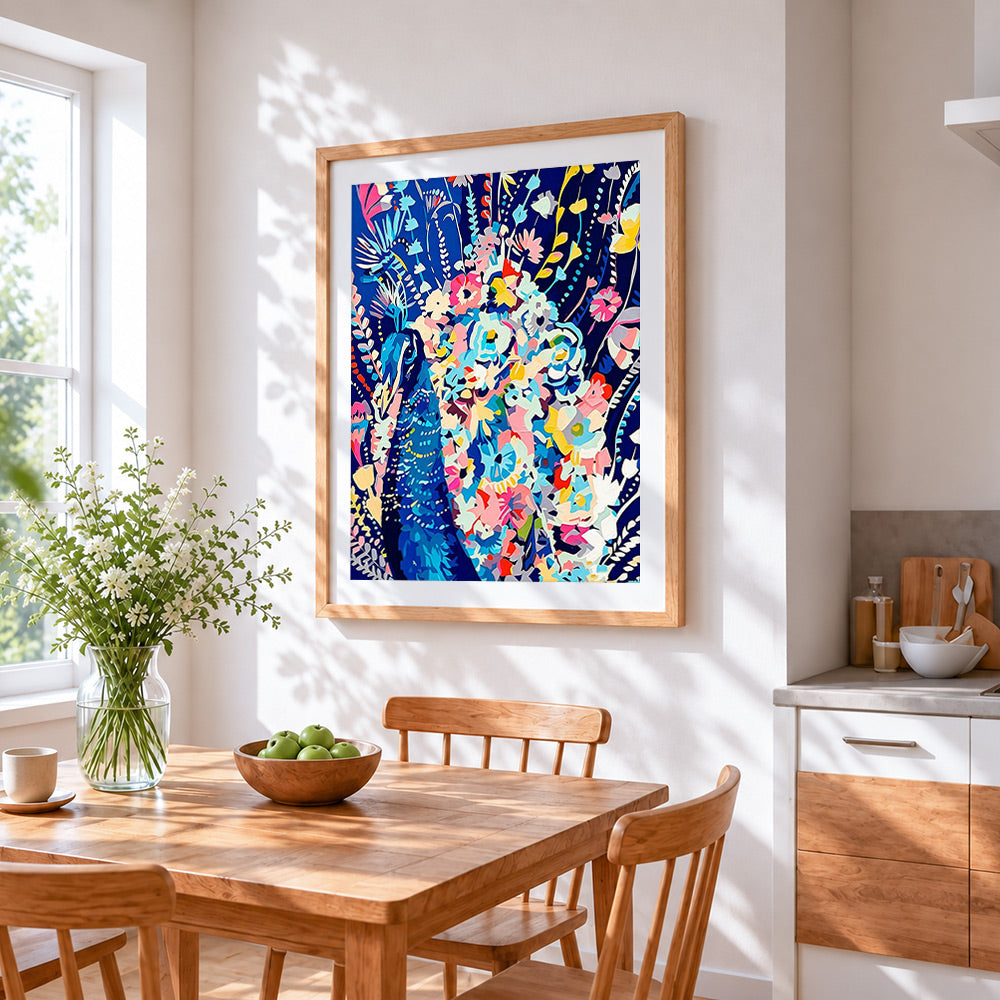 Peacock surrounded by colourful flowers cross stitch artwork displayed on wall as home decor