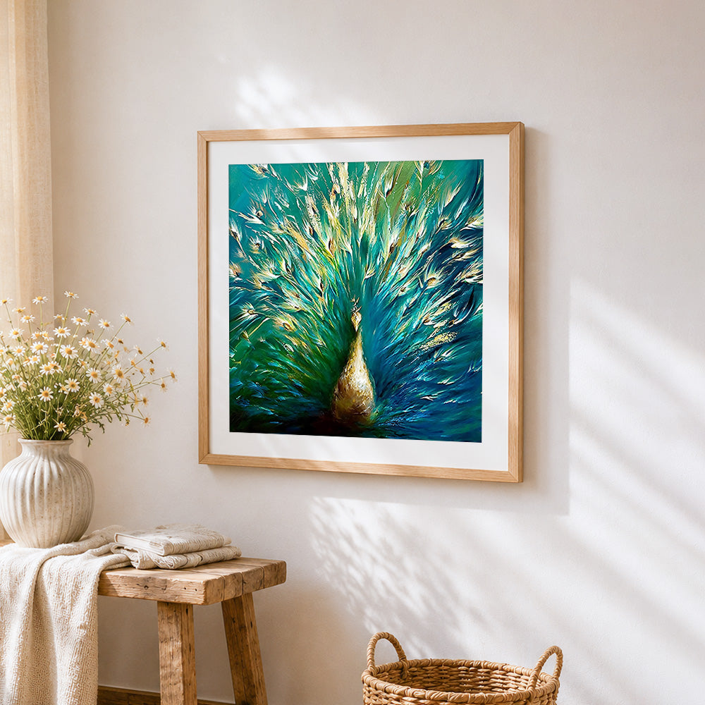 Peacock with golden feathers cross stitch artwork displayed on wall as home decor