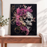 Finished pearl adorned floral skull pearl diamond painting artwork displayed as home decor