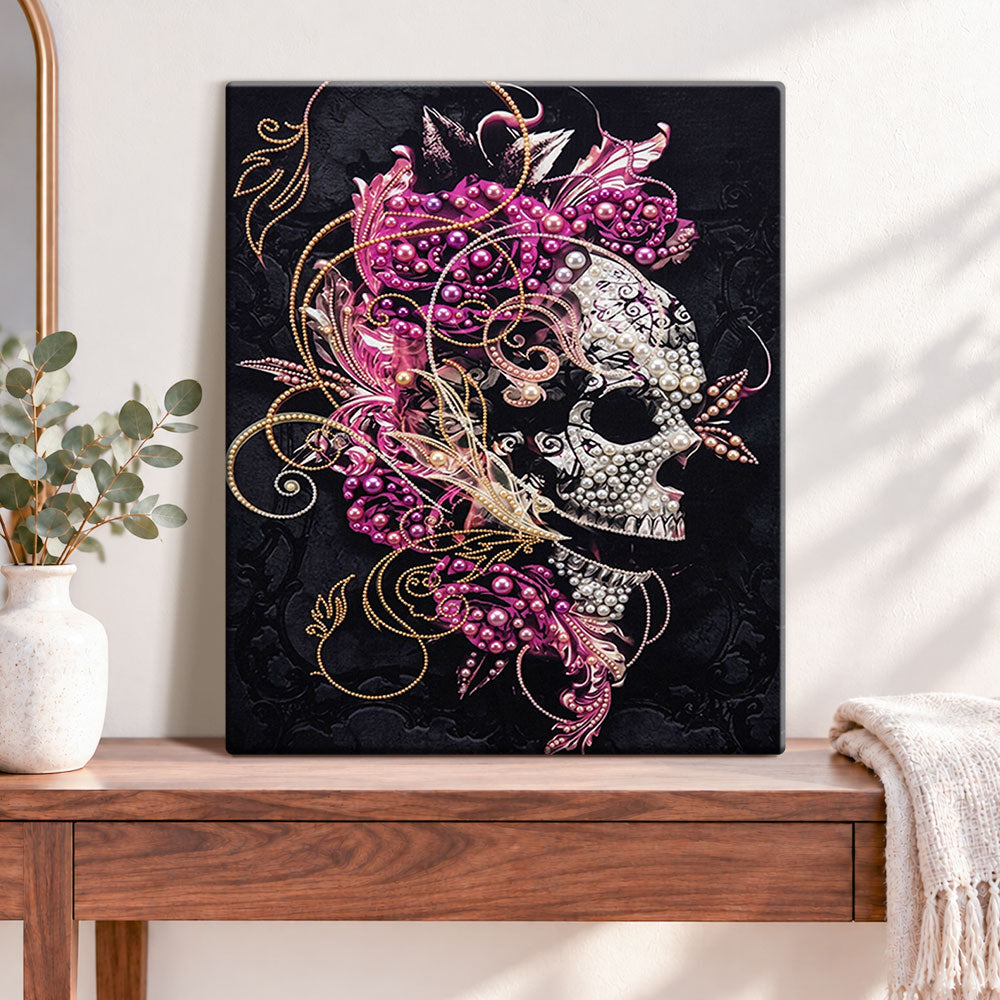 Finished pearl adorned floral skull pearl diamond painting artwork displayed as home decor