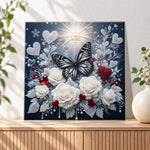 Finished pearl butterfly with white roses pearl diamond painting artwork displayed as holiday home decor