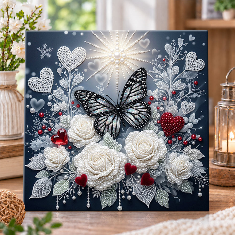 Pearl butterfly with white roses pearl diamond painting kit for beginners