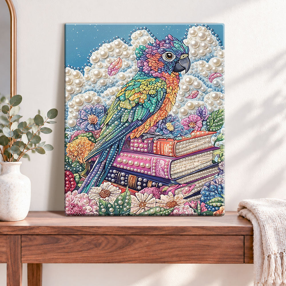 Finished pearl cloud parrot pearl diamond painting artwork displayed as home decor