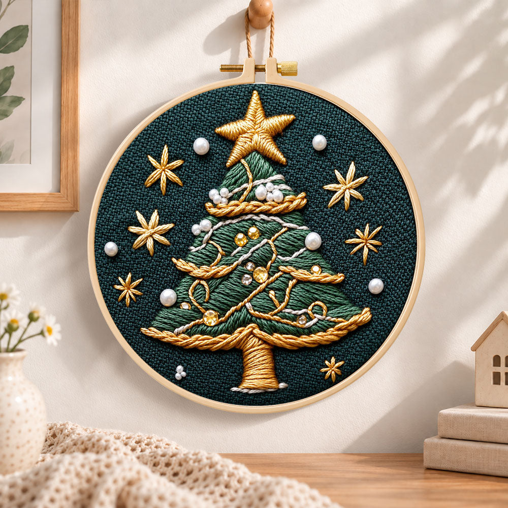 Pearl decorated tree embroidery hoop wall art displayed as warm and cosy handmade home decor